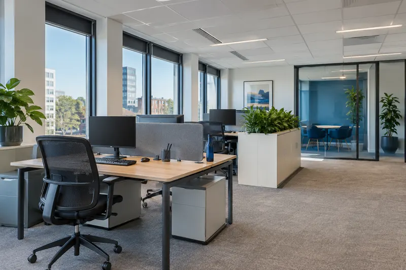 Kantoorruimte met werkplekken en plafondverlichting