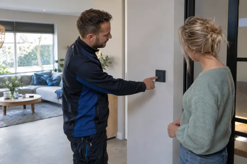 Monteur legt de bediening van een afgewerkte installatie uit