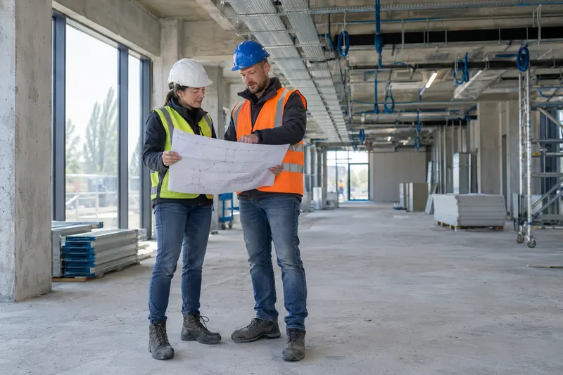Twee bouwprofessionals bespreken een plattegrond op een bouwplaats