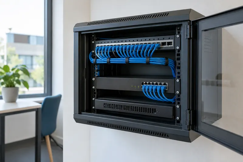 Compact datarack met geordende blauwe patchkabels