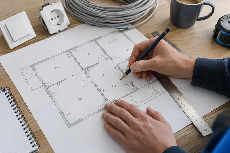 Handen werken met potlood aan een plattegrond met aansluitpunten
