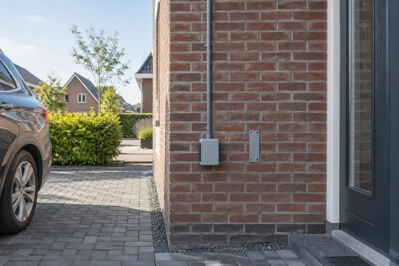Gesloten aansluitvoorziening en leidingroute bij een oprit