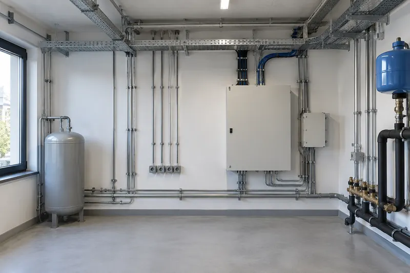 Afgewerkte technische ruimte met kabelgoten en wandcontactdozen