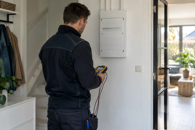 Monteur met meetinstrument bij een gesloten groepenkast
