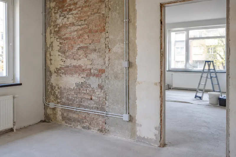 Nieuw leidingwerk en afgedekte aansluitdozen in een woning die wordt gerenoveerd